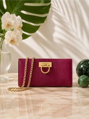 Salvatore Ferragamo Magenta Lizard Clutch, Gancini Hardware | Exotic Evening Bag